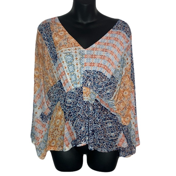 Daytrip Tops - Daytrip Multicolor Patchwork batwing sleeve V-Neck Blouse